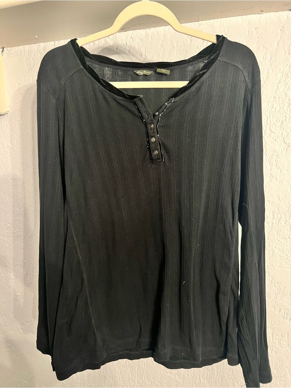 Eddie Bauer Women's Black Long-Sleeve Henley Top with Velvet Neckline